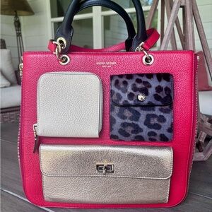 Henri Bendel Red and Gold Tote with Leopard Print